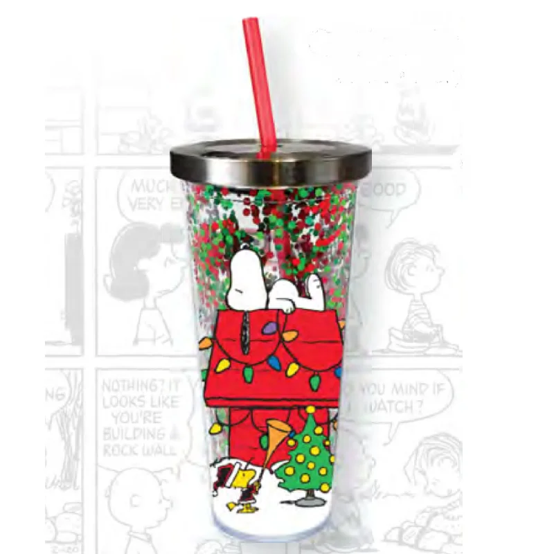 Snoopy on Dog House Christmas 20 oz. Glitter Cup with Straw